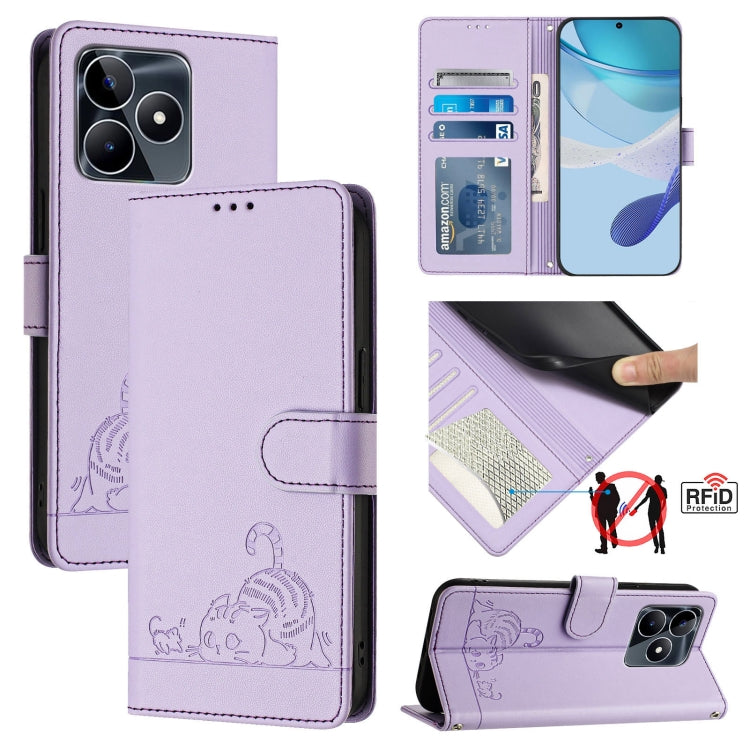 Cat Rat Embossed Pattern RFID Leather Phone Case with Lanyard, For Realme 12+ 5G Global, For Realme Narzo 70 Pro 5G India, For Realme 12 5G Global, For Realme Note 50 4G Global, For Realme C51 4G / C53 4G Global, For Realme Narzo N53 4G Global         ...
