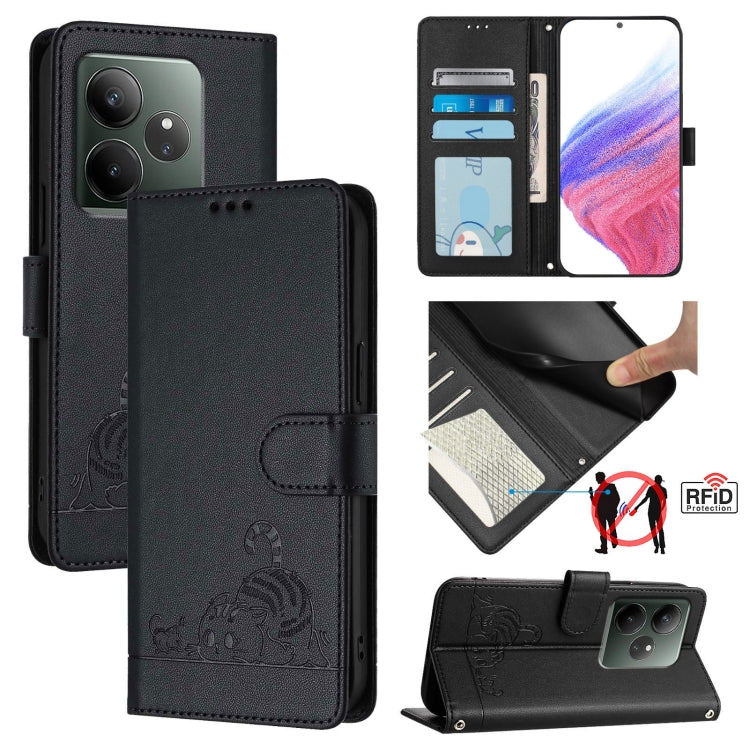 Cat Rat Embossed Pattern RFID Leather Phone Case with Lanyard, For Realme C71 4G Global, For Realme Neo7 Turbo 5G, For Realme V70 / 14x Global / C75 5G, For Realme Narzo 80 Pro / 14 Pro 5G India, For Realme 14 5G Global / P3 5G India                   ...