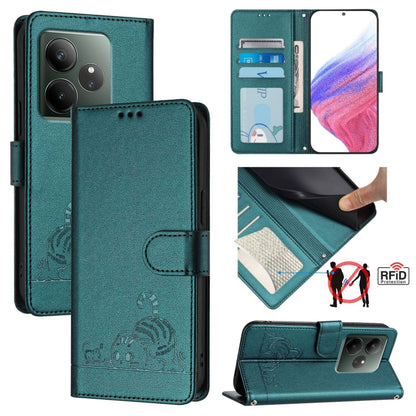 Cat Rat Embossed Pattern RFID Leather Phone Case with Lanyard, For Realme C71 4G Global, For Realme Neo7 Turbo 5G, For Realme V70 / 14x Global / C75 5G, For Realme Narzo 80 Pro / 14 Pro 5G India, For Realme 14 5G Global / P3 5G India                   ...