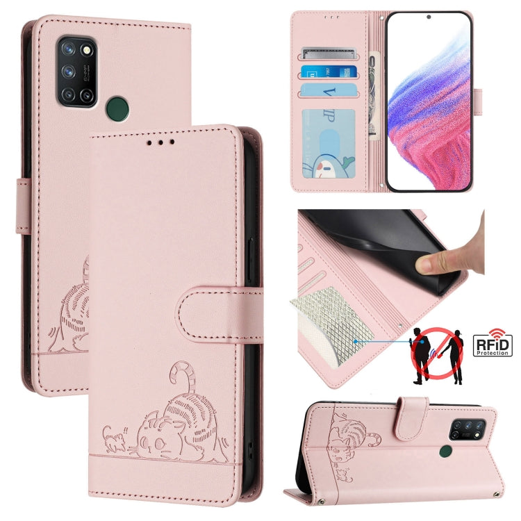 Cat Rat Embossed Pattern RFID Leather Phone Case with Lanyard, For Realme V11 5G, For Realme C17 / 7i