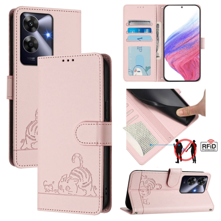 Cat Rat Embossed Pattern RFID Leather Phone Case with Lanyard, For Realme C71 4G Global, For Realme Neo7 Turbo 5G, For Realme V70 / 14x Global / C75 5G, For Realme Narzo 80 Pro / 14 Pro 5G India, For Realme 14 5G Global / P3 5G India                   ...