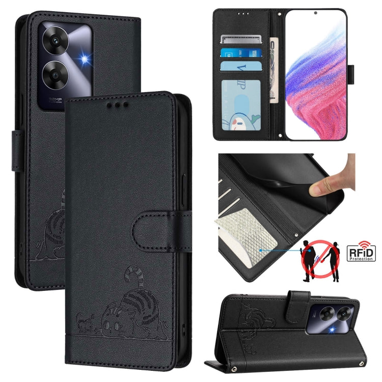 Cat Rat Embossed Pattern RFID Leather Phone Case with Lanyard, For Realme C71 4G Global, For Realme Neo7 Turbo 5G, For Realme V70 / 14x Global / C75 5G, For Realme Narzo 80 Pro / 14 Pro 5G India, For Realme 14 5G Global / P3 5G India                   ...