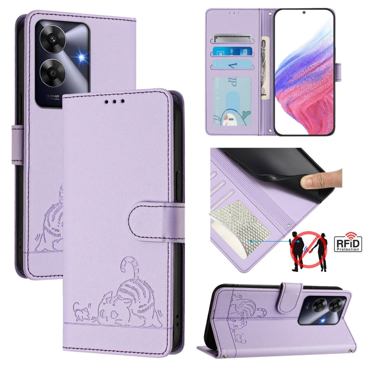 Cat Rat Embossed Pattern RFID Leather Phone Case with Lanyard, For Realme C71 4G Global, For Realme Neo7 Turbo 5G, For Realme V70 / 14x Global / C75 5G, For Realme Narzo 80 Pro / 14 Pro 5G India, For Realme 14 5G Global / P3 5G India                   ...
