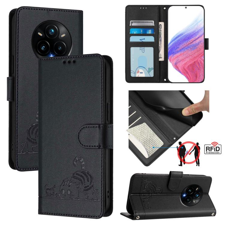 Cat Rat Embossed Pattern RFID Leather Phone Case with Lanyard, For Realme C71 4G Global, For Realme Neo7 Turbo 5G, For Realme V70 / 14x Global / C75 5G, For Realme Narzo 80 Pro / 14 Pro 5G India, For Realme 14 5G Global / P3 5G India                   ...