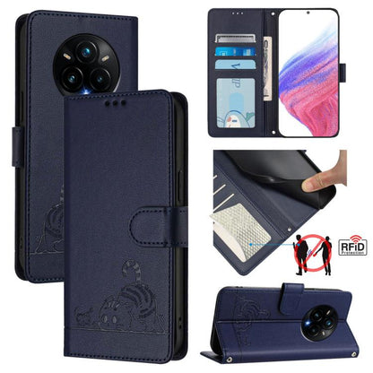 Cat Rat Embossed Pattern RFID Leather Phone Case with Lanyard, For Realme C71 4G Global, For Realme Neo7 Turbo 5G, For Realme V70 / 14x Global / C75 5G, For Realme Narzo 80 Pro / 14 Pro 5G India, For Realme 14 5G Global / P3 5G India                   ...