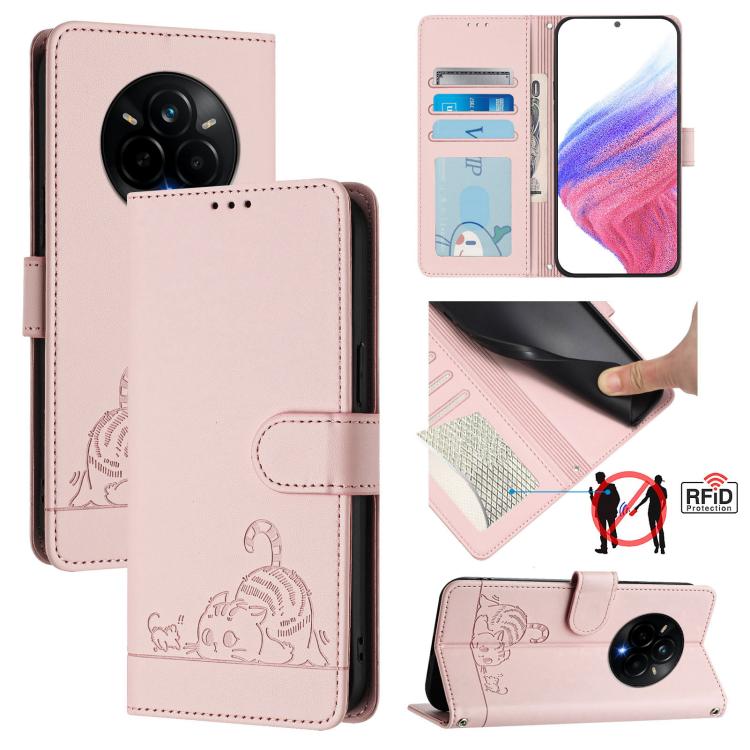 Cat Rat Embossed Pattern RFID Leather Phone Case with Lanyard, For Realme C71 4G Global, For Realme Neo7 Turbo 5G, For Realme V70 / 14x Global / C75 5G, For Realme Narzo 80 Pro / 14 Pro 5G India, For Realme 14 5G Global / P3 5G India                   ...