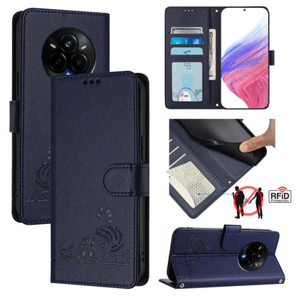 Cat Rat Embossed Pattern RFID Leather Phone Case with Lanyard, For Realme C71 4G Global, For Realme Neo7 Turbo 5G, For Realme V70 / 14x Global / C75 5G, For Realme Narzo 80 Pro / 14 Pro 5G India, For Realme 14 5G Global / P3 5G India                   ...