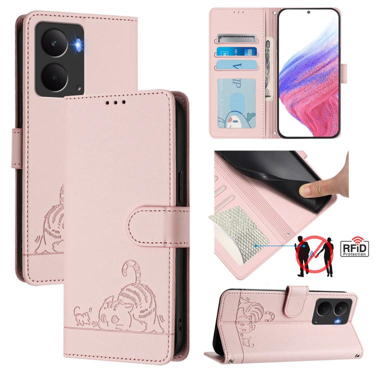 Cat Rat Embossed Pattern RFID Leather Phone Case with Lanyard, For Realme C71 4G Global, For Realme Neo7 Turbo 5G, For Realme V70 / 14x Global / C75 5G, For Realme Narzo 80 Pro / 14 Pro 5G India, For Realme 14 5G Global / P3 5G India                   ...