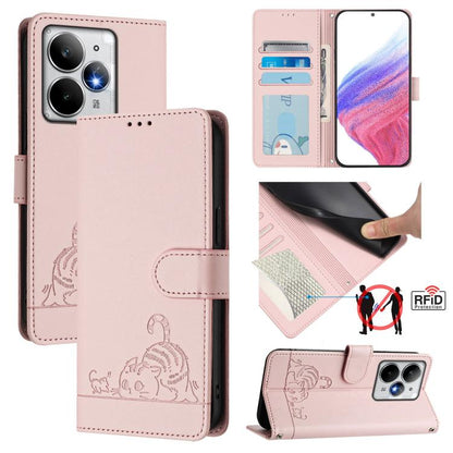 Cat Rat Embossed Pattern RFID Leather Phone Case with Lanyard, For Realme C71 4G Global, For Realme Neo7 Turbo 5G, For Realme V70 / 14x Global / C75 5G, For Realme Narzo 80 Pro / 14 Pro 5G India, For Realme 14 5G Global / P3 5G India                   ...