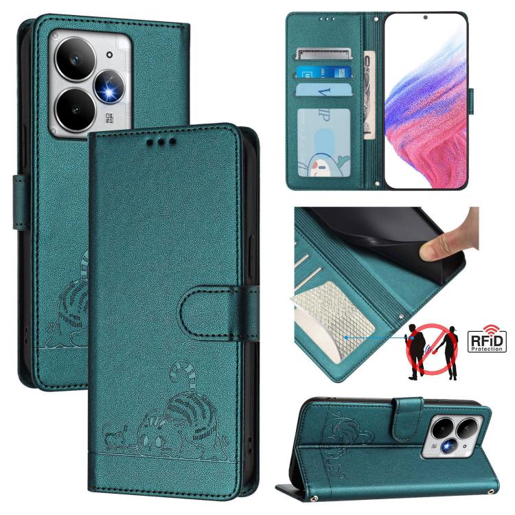 Cat Rat Embossed Pattern RFID Leather Phone Case with Lanyard, For Realme C71 4G Global, For Realme Neo7 Turbo 5G, For Realme V70 / 14x Global / C75 5G, For Realme Narzo 80 Pro / 14 Pro 5G India, For Realme 14 5G Global / P3 5G India                   ...