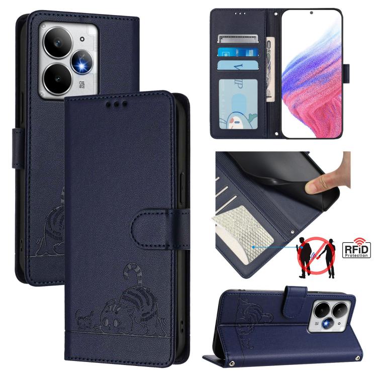 Cat Rat Embossed Pattern RFID Leather Phone Case with Lanyard, For Realme C71 4G Global, For Realme Neo7 Turbo 5G, For Realme V70 / 14x Global / C75 5G, For Realme Narzo 80 Pro / 14 Pro 5G India, For Realme 14 5G Global / P3 5G India                   ...