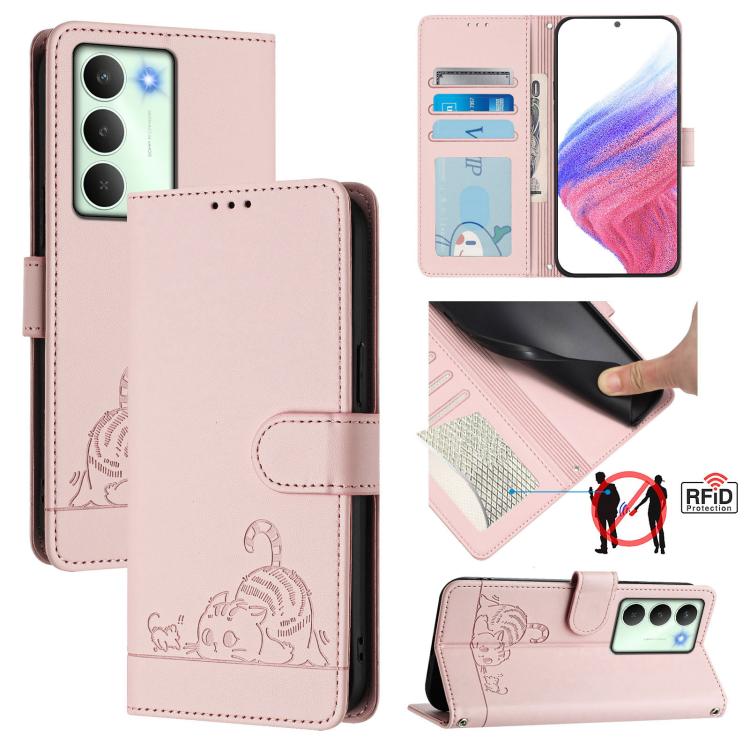 Cat Rat Embossed Pattern RFID Leather Phone Case with Lanyard, For Realme C71 4G Global, For Realme Neo7 Turbo 5G, For Realme V70 / 14x Global / C75 5G, For Realme Narzo 80 Pro / 14 Pro 5G India, For Realme 14 5G Global / P3 5G India                   ...