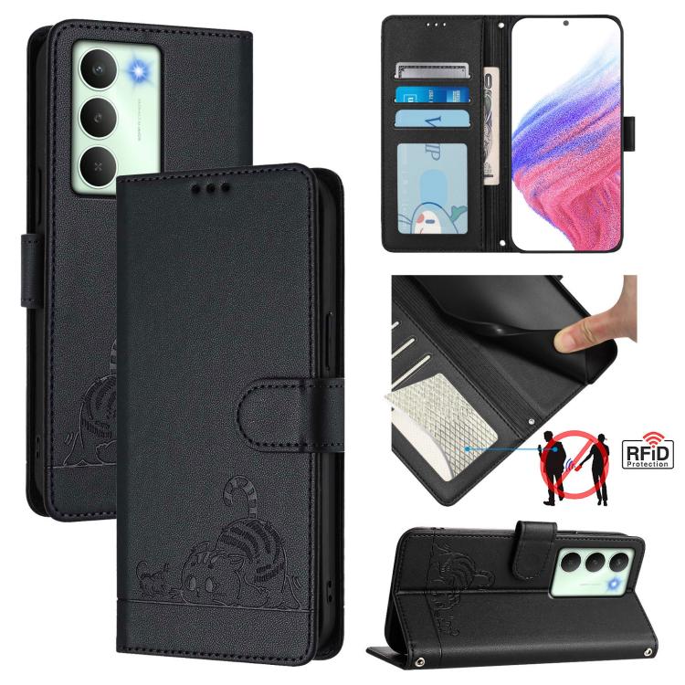 Cat Rat Embossed Pattern RFID Leather Phone Case with Lanyard, For Realme C71 4G Global, For Realme Neo7 Turbo 5G, For Realme V70 / 14x Global / C75 5G, For Realme Narzo 80 Pro / 14 Pro 5G India, For Realme 14 5G Global / P3 5G India                   ...