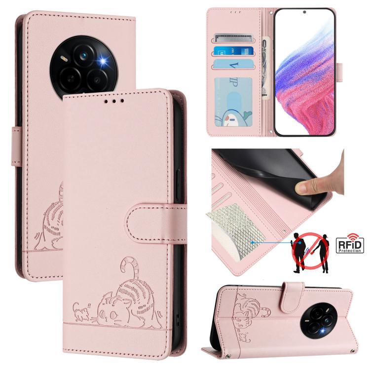 Cat Rat Embossed Pattern RFID Leather Phone Case with Lanyard, For Realme C71 4G Global, For Realme Neo7 Turbo 5G, For Realme V70 / 14x Global / C75 5G, For Realme Narzo 80 Pro / 14 Pro 5G India, For Realme 14 5G Global / P3 5G India                   ...