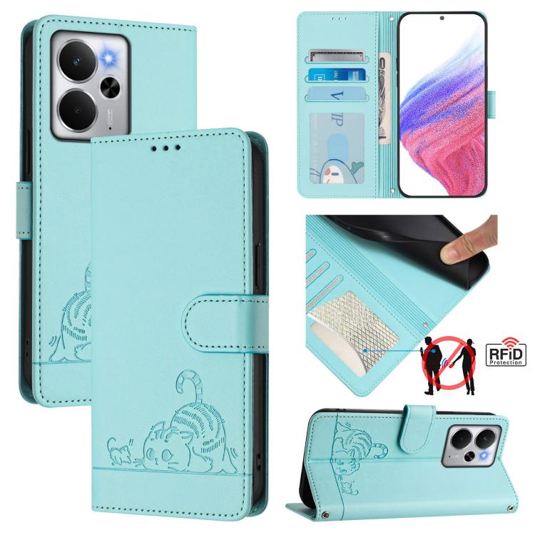 Cat Rat Embossed Pattern RFID Leather Phone Case with Lanyard, For Realme C71 4G Global, For Realme Neo7 Turbo 5G, For Realme V70 / 14x Global / C75 5G, For Realme Narzo 80 Pro / 14 Pro 5G India, For Realme 14 5G Global / P3 5G India                   ...