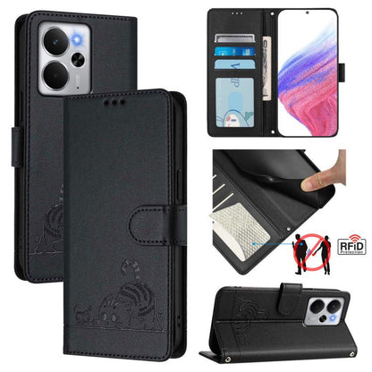 Cat Rat Embossed Pattern RFID Leather Phone Case with Lanyard, For Realme C71 4G Global, For Realme Neo7 Turbo 5G, For Realme V70 / 14x Global / C75 5G, For Realme Narzo 80 Pro / 14 Pro 5G India, For Realme 14 5G Global / P3 5G India                   ...