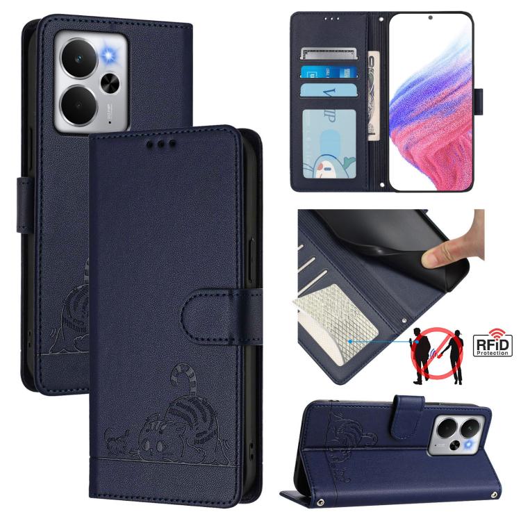 Cat Rat Embossed Pattern RFID Leather Phone Case with Lanyard, For Realme C71 4G Global, For Realme Neo7 Turbo 5G, For Realme V70 / 14x Global / C75 5G, For Realme Narzo 80 Pro / 14 Pro 5G India, For Realme 14 5G Global / P3 5G India                   ...