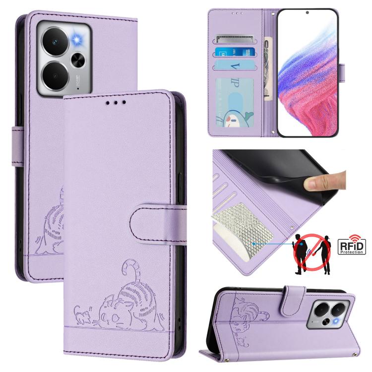 Cat Rat Embossed Pattern RFID Leather Phone Case with Lanyard, For Realme C71 4G Global, For Realme Neo7 Turbo 5G, For Realme V70 / 14x Global / C75 5G, For Realme Narzo 80 Pro / 14 Pro 5G India, For Realme 14 5G Global / P3 5G India                   ...