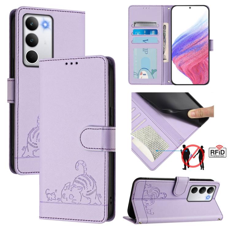 Cat Rat Embossed Pattern RFID Leather Phone Case with Lanyard, For Realme C71 4G Global, For Realme Neo7 Turbo 5G, For Realme V70 / 14x Global / C75 5G, For Realme Narzo 80 Pro / 14 Pro 5G India, For Realme 14 5G Global / P3 5G India                   ...
