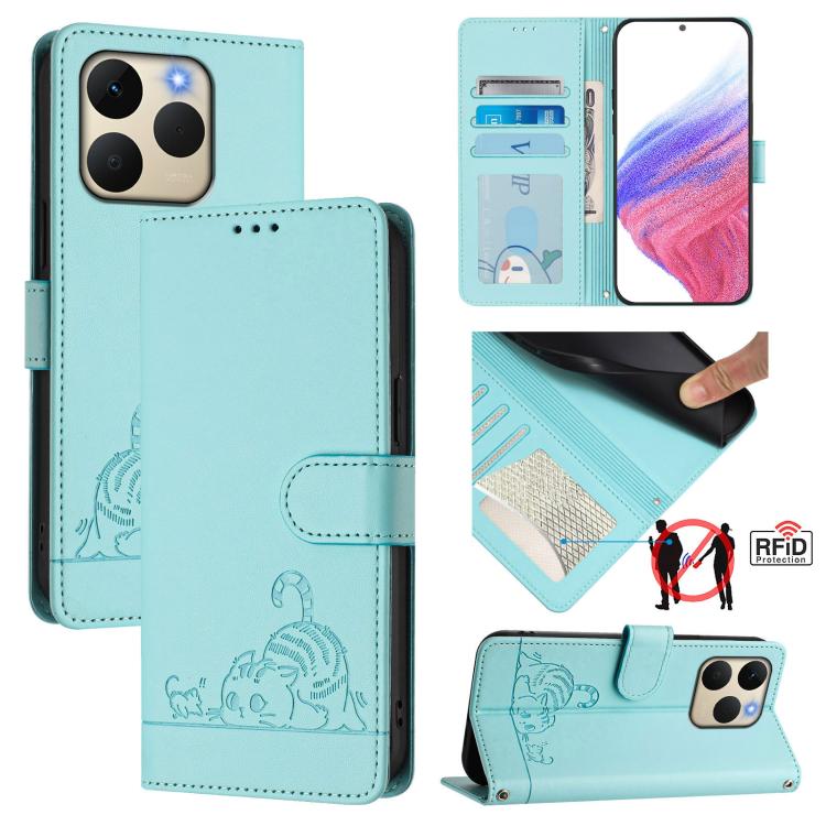 Cat Rat Embossed Pattern RFID Leather Phone Case with Lanyard, For Realme P4x 5G / OnePlus Nord CE6 Lite, For Realme 16T 5G Global, For Realme C100 5G / C85 5G Global, For Realme P4 Power 5G, For Realme Note 80 4G Global, For Realme C83 5G India / C85 ...