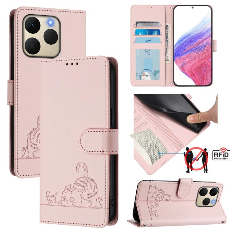 Cat Rat Embossed Pattern RFID Leather Phone Case with Lanyard, For Realme P4x 5G / OnePlus Nord CE6 Lite, For Realme 16T 5G Global, For Realme C100 5G / C85 5G Global, For Realme P4 Power 5G, For Realme Note 80 4G Global, For Realme C83 5G India / C85 ...