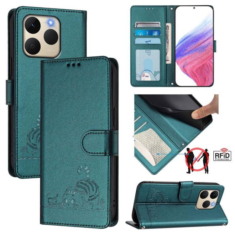 Cat Rat Embossed Pattern RFID Leather Phone Case with Lanyard, For Realme P4x 5G / OnePlus Nord CE6 Lite, For Realme 16T 5G Global, For Realme C100 5G / C85 5G Global, For Realme P4 Power 5G, For Realme Note 80 4G Global, For Realme C83 5G India / C85 ...