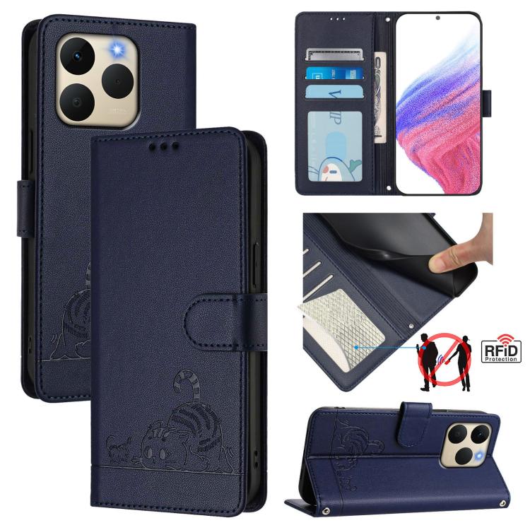Cat Rat Embossed Pattern RFID Leather Phone Case with Lanyard, For Realme P4x 5G / OnePlus Nord CE6 Lite, For Realme 16T 5G Global, For Realme C100 5G / C85 5G Global, For Realme P4 Power 5G, For Realme Note 80 4G Global, For Realme C83 5G India / C85 ...