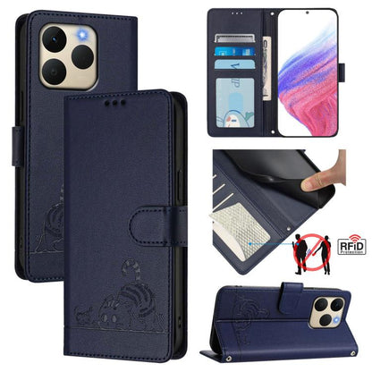 Cat Rat Embossed Pattern RFID Leather Phone Case with Lanyard, For Realme P4x 5G / OnePlus Nord CE6 Lite, For Realme 16T 5G Global, For Realme C100 5G / C85 5G Global, For Realme P4 Power 5G, For Realme Note 80 4G Global, For Realme C83 5G India / C85 ...