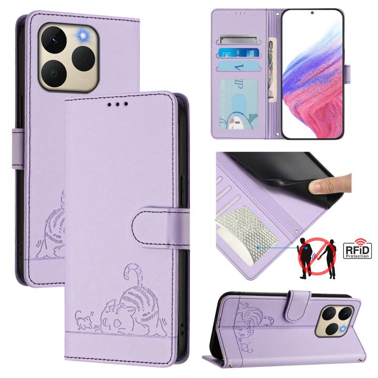 Cat Rat Embossed Pattern RFID Leather Phone Case with Lanyard, For Realme P4x 5G / OnePlus Nord CE6 Lite, For Realme 16T 5G Global, For Realme C100 5G / C85 5G Global, For Realme P4 Power 5G, For Realme Note 80 4G Global, For Realme C83 5G India / C85 ...
