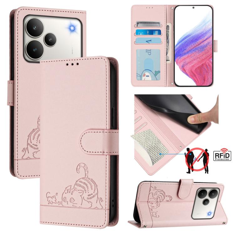 Cat Rat Embossed Pattern RFID Leather Phone Case with Lanyard, For Realme P4x 5G / OnePlus Nord CE6 Lite, For Realme 16T 5G Global, For Realme C100 5G / C85 5G Global, For Realme P4 Power 5G, For Realme Note 80 4G Global, For Realme C83 5G India / C85 ...