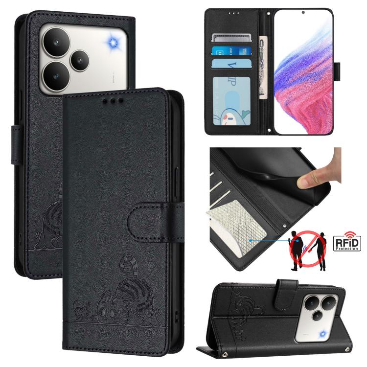 Cat Rat Embossed Pattern RFID Leather Phone Case with Lanyard, For Realme P4x 5G / OnePlus Nord CE6 Lite, For Realme 16T 5G Global, For Realme C100 5G / C85 5G Global, For Realme P4 Power 5G, For Realme Note 80 4G Global, For Realme C83 5G India / C85 ...