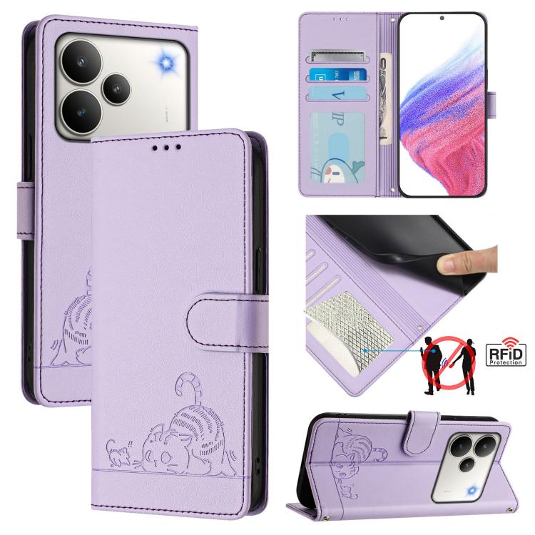 Cat Rat Embossed Pattern RFID Leather Phone Case with Lanyard, For Realme P4x 5G / OnePlus Nord CE6 Lite, For Realme 16T 5G Global, For Realme C100 5G / C85 5G Global, For Realme P4 Power 5G, For Realme Note 80 4G Global, For Realme C83 5G India / C85 ...