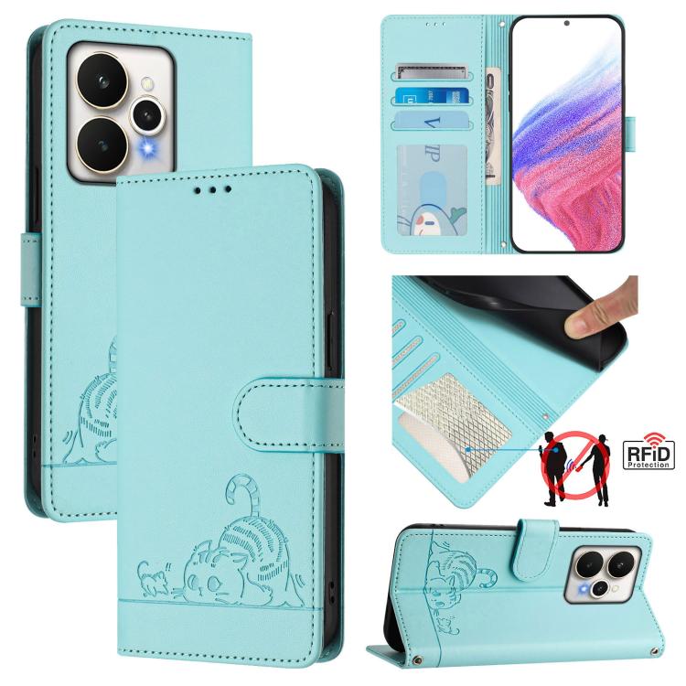 Cat Rat Embossed Pattern RFID Leather Phone Case with Lanyard, For Realme P4x 5G / OnePlus Nord CE6 Lite, For Realme 16T 5G Global, For Realme C100 5G / C85 5G Global, For Realme P4 Power 5G, For Realme Note 80 4G Global, For Realme C83 5G India / C85 ...