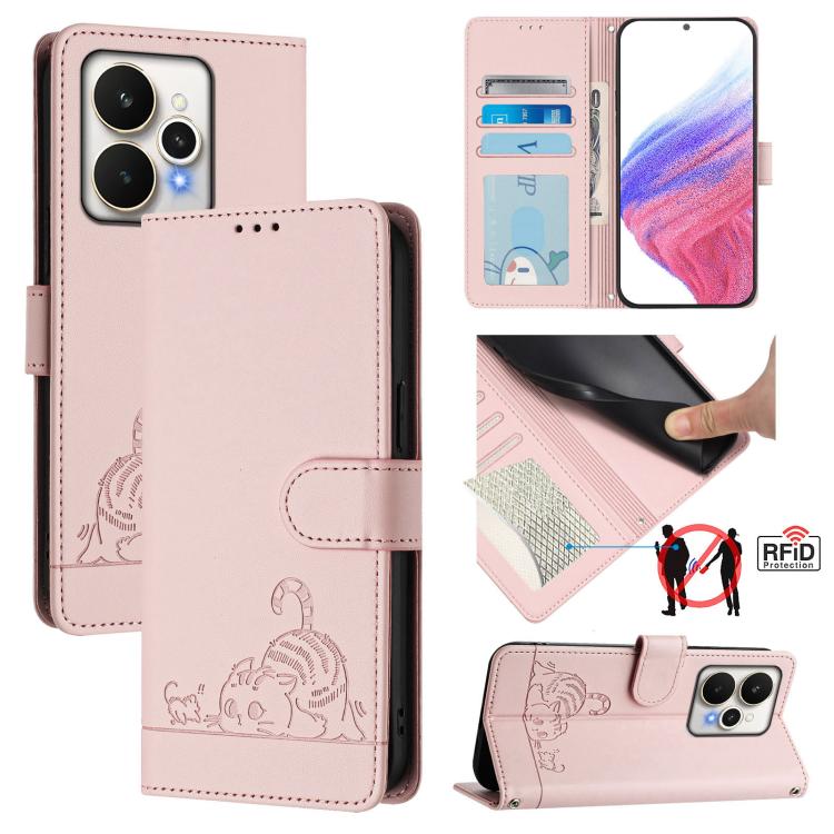Cat Rat Embossed Pattern RFID Leather Phone Case with Lanyard, For Realme P4x 5G / OnePlus Nord CE6 Lite, For Realme 16T 5G Global, For Realme C100 5G / C85 5G Global, For Realme P4 Power 5G, For Realme Note 80 4G Global, For Realme C83 5G India / C85 ...