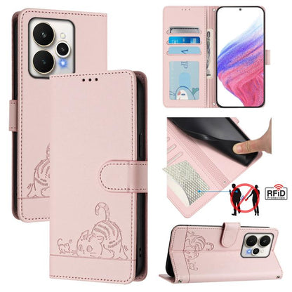 Cat Rat Embossed Pattern RFID Leather Phone Case with Lanyard, For Realme P4x 5G / OnePlus Nord CE6 Lite, For Realme 16T 5G Global, For Realme C100 5G / C85 5G Global, For Realme P4 Power 5G, For Realme Note 80 4G Global, For Realme C83 5G India / C85 ...