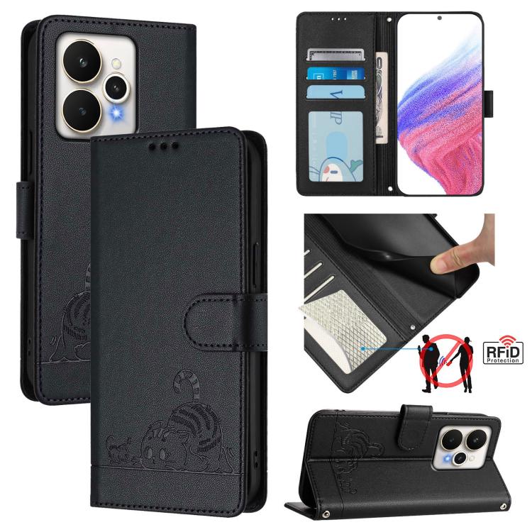 Cat Rat Embossed Pattern RFID Leather Phone Case with Lanyard, For Realme P4x 5G / OnePlus Nord CE6 Lite, For Realme 16T 5G Global, For Realme C100 5G / C85 5G Global, For Realme P4 Power 5G, For Realme Note 80 4G Global, For Realme C83 5G India / C85 ...