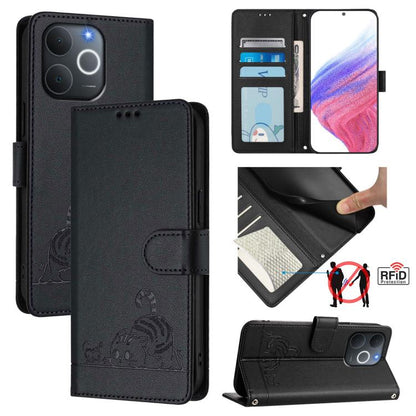 Cat Rat Embossed Pattern RFID Leather Phone Case with Lanyard, For Realme P4x 5G / OnePlus Nord CE6 Lite, For Realme 16T 5G Global, For Realme C100 5G / C85 5G Global, For Realme P4 Power 5G, For Realme Note 80 4G Global, For Realme C83 5G India / C85 ...