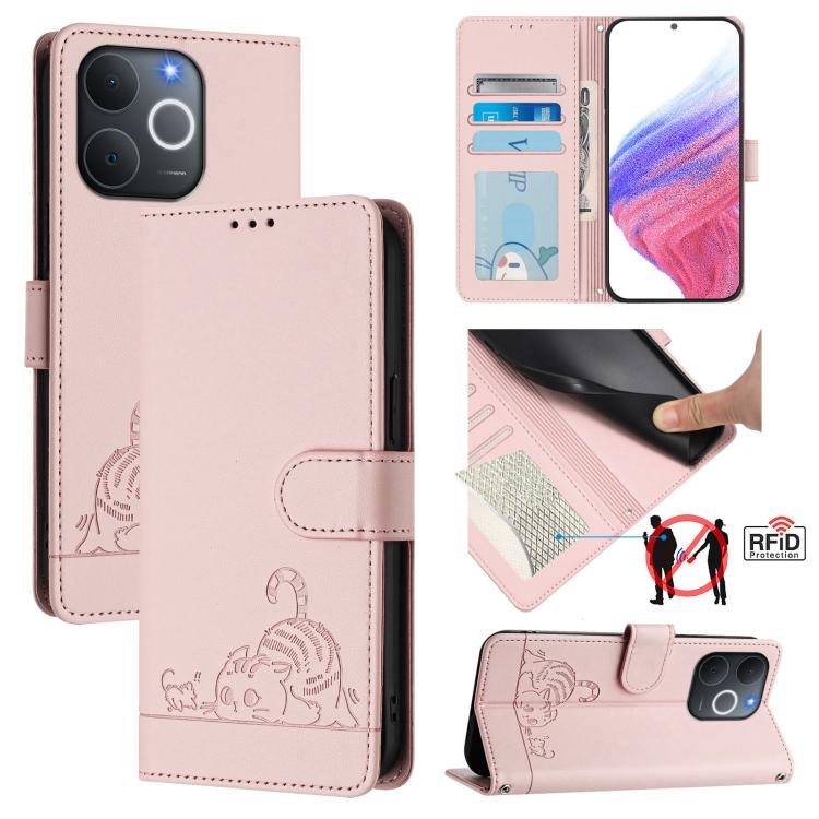 Cat Rat Embossed Pattern RFID Leather Phone Case with Lanyard, For Realme P4x 5G / OnePlus Nord CE6 Lite, For Realme 16T 5G Global, For Realme C100 5G / C85 5G Global, For Realme P4 Power 5G, For Realme Note 80 4G Global, For Realme C83 5G India / C85 ...