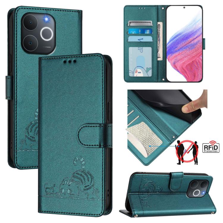 Cat Rat Embossed Pattern RFID Leather Phone Case with Lanyard, For Realme P4x 5G / OnePlus Nord CE6 Lite, For Realme 16T 5G Global, For Realme C100 5G / C85 5G Global, For Realme P4 Power 5G, For Realme Note 80 4G Global, For Realme C83 5G India / C85 ...