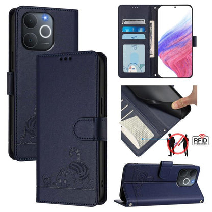 Cat Rat Embossed Pattern RFID Leather Phone Case with Lanyard, For Realme P4x 5G / OnePlus Nord CE6 Lite, For Realme 16T 5G Global, For Realme C100 5G / C85 5G Global, For Realme P4 Power 5G, For Realme Note 80 4G Global, For Realme C83 5G India / C85 ...
