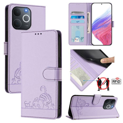 Cat Rat Embossed Pattern RFID Leather Phone Case with Lanyard, For Realme P4x 5G / OnePlus Nord CE6 Lite, For Realme 16T 5G Global, For Realme C100 5G / C85 5G Global, For Realme P4 Power 5G, For Realme Note 80 4G Global, For Realme C83 5G India / C85 ...