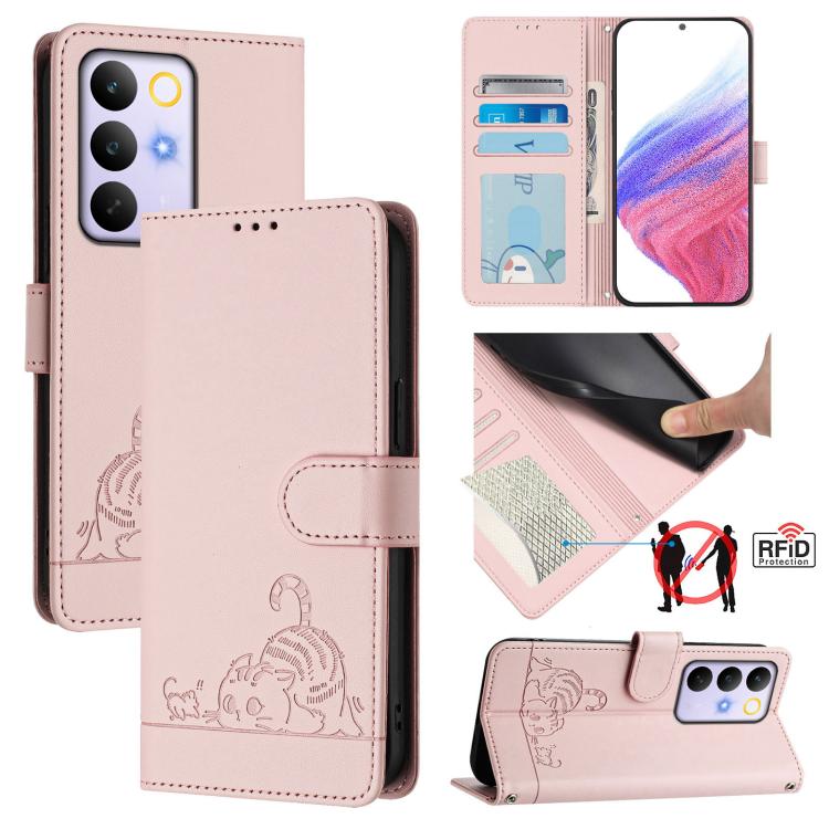 Cat Rat Embossed Pattern RFID Leather Phone Case with Lanyard, For Realme P4x 5G / OnePlus Nord CE6 Lite, For Realme 16T 5G Global, For Realme C100 5G / C85 5G Global, For Realme P4 Power 5G, For Realme Note 80 4G Global, For Realme C83 5G India / C85 ...
