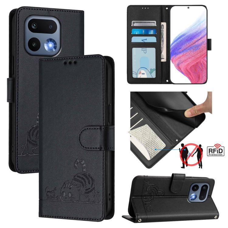 Cat Rat Embossed Pattern RFID Leather Phone Case with Lanyard, For Realme P4x 5G / OnePlus Nord CE6 Lite, For Realme 16T 5G Global, For Realme C100 5G / C85 5G Global, For Realme P4 Power 5G, For Realme Note 80 4G Global, For Realme C83 5G India / C85 ...