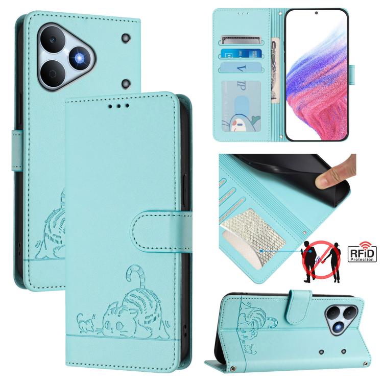 Cat Rat Embossed Pattern RFID Leather Phone Case with Lanyard, For Realme P4x 5G / OnePlus Nord CE6 Lite, For Realme 16T 5G Global, For Realme C100 5G / C85 5G Global, For Realme P4 Power 5G, For Realme Note 80 4G Global, For Realme C83 5G India / C85 ...