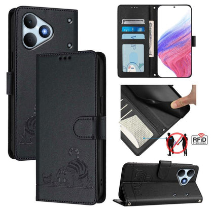 Cat Rat Embossed Pattern RFID Leather Phone Case with Lanyard, For Realme P4x 5G / OnePlus Nord CE6 Lite, For Realme 16T 5G Global, For Realme C100 5G / C85 5G Global, For Realme P4 Power 5G, For Realme Note 80 4G Global, For Realme C83 5G India / C85 ...