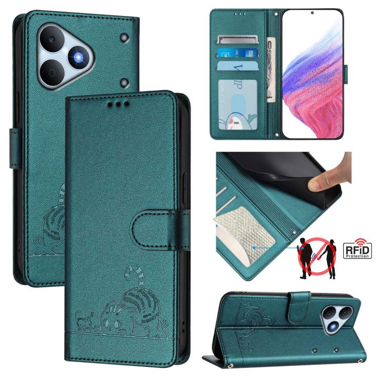Cat Rat Embossed Pattern RFID Leather Phone Case with Lanyard, For Realme P4x 5G / OnePlus Nord CE6 Lite, For Realme 16T 5G Global, For Realme C100 5G / C85 5G Global, For Realme P4 Power 5G, For Realme Note 80 4G Global, For Realme C83 5G India / C85 ...