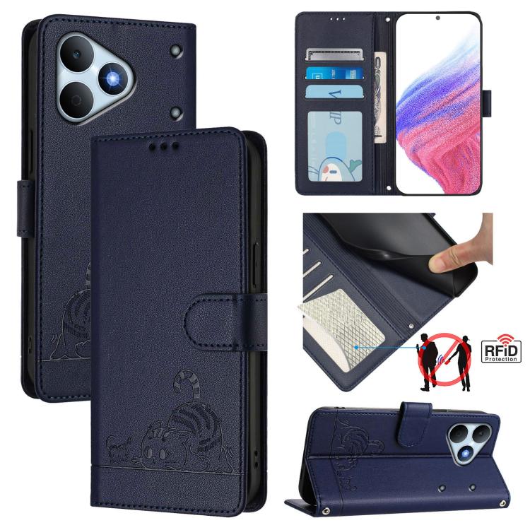 Cat Rat Embossed Pattern RFID Leather Phone Case with Lanyard, For Realme P4x 5G / OnePlus Nord CE6 Lite, For Realme 16T 5G Global, For Realme C100 5G / C85 5G Global, For Realme P4 Power 5G, For Realme Note 80 4G Global, For Realme C83 5G India / C85 ...