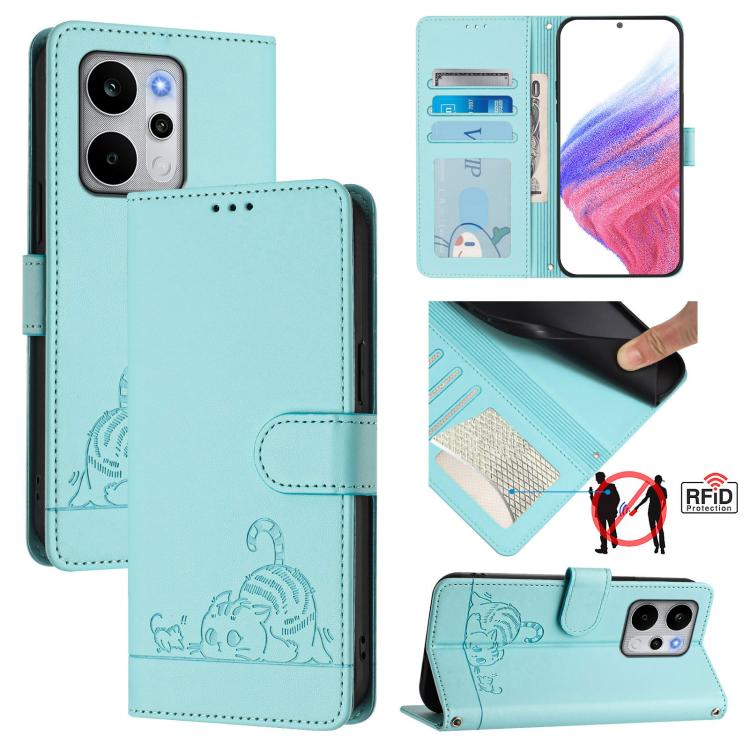 Cat Rat Embossed Pattern RFID Leather Phone Case with Lanyard, For Realme P4x 5G / OnePlus Nord CE6 Lite, For Realme 16T 5G Global, For Realme C100 5G / C85 5G Global, For Realme P4 Power 5G, For Realme Note 80 4G Global, For Realme C83 5G India / C85 ...