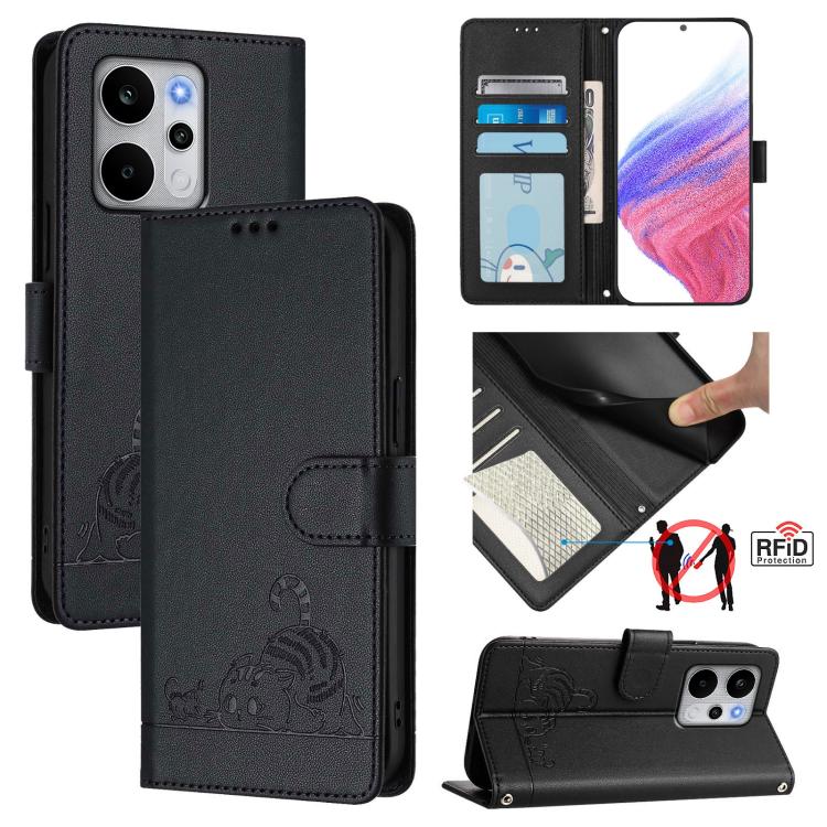 Cat Rat Embossed Pattern RFID Leather Phone Case with Lanyard, For Realme P4x 5G / OnePlus Nord CE6 Lite, For Realme 16T 5G Global, For Realme C100 5G / C85 5G Global, For Realme P4 Power 5G, For Realme Note 80 4G Global, For Realme C83 5G India / C85 ...