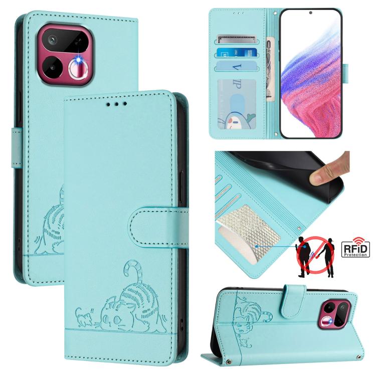 Cat Rat Embossed Pattern RFID Leather Phone Case with Lanyard, For Realme P4x 5G / OnePlus Nord CE6 Lite, For Realme 16T 5G Global, For Realme C100 5G / C85 5G Global, For Realme P4 Power 5G, For Realme Note 80 4G Global, For Realme C83 5G India / C85 ...